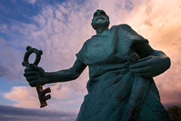 Statue of St Peter holding the key of Heaven in town Makarska, Dalmatia, Croatia
