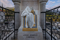 Monument on mausoleum of family Mimbelli on a cemetery above town Orebic on peninsula Peljesac, Dalmatia, Croatia