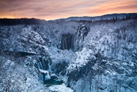 Plitvice Lakes Big Waterfall in winter snow, National Park Plitvice Lakes, Croatia