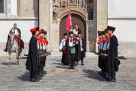 Final check of the honorary cravat regiment guard change in front of the St. Mark's church in Zagreb, Croatia