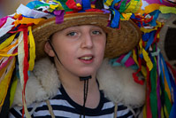 Young member of famous group Zejanski bellringers dressed for famous international carnival parade in town Rijeka, Croatia