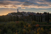 Panorama of small town Oprtalj at autumn dawn, Istria, Croatia