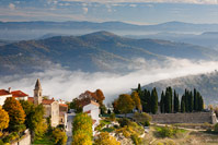 Panoramic view of town Motovun and river Mirna fog in autumn, Istria, Croatia