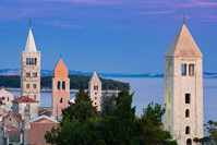 Four church towers of town Rab on island Rab, Kvarner, Croatia