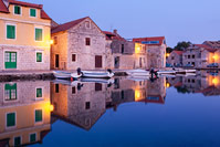 Dawn blue hour above town Vrboska, island Hvar, Dalmatia, Croatia