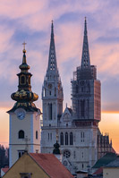 Winter dawn behind cathedral in town Zagreb, Croatia